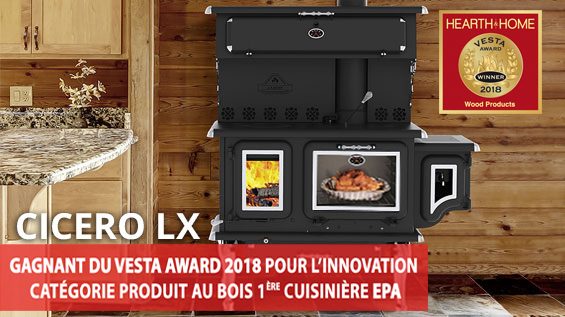 Le visuel du prix : la Cicero LX, gagnante du Vesta Award 2018 pour l'innovation, catégorie produit au bois, première cuisinière EPA